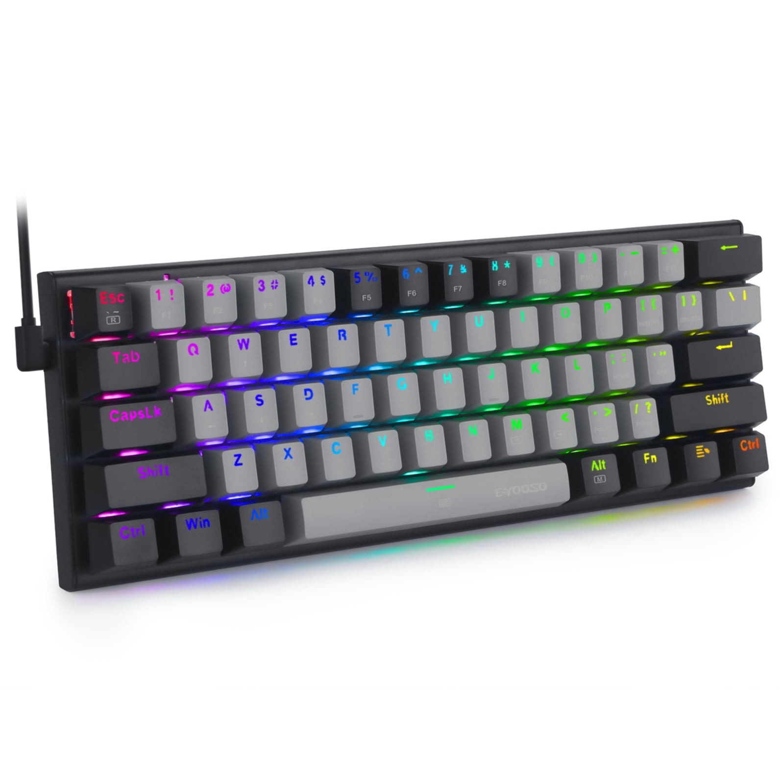 60% Wired Mechanical Gaming Keyboard, E-YOOSO RGB Backlit Ultra-Compact 61 Keys Hot Swappable Mini Waterproof Wired Office Keyboard with Red Switches for Windows, Mac OS Gamers (Grey Black)