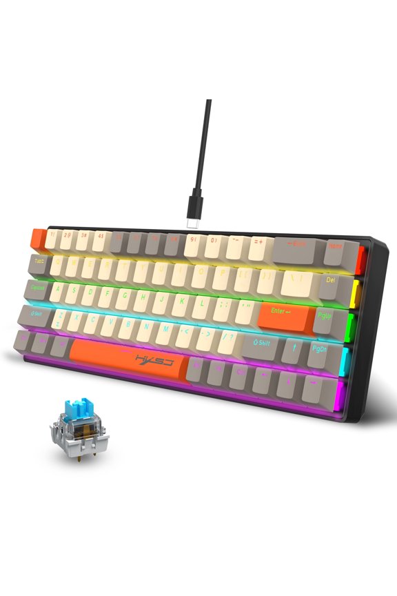 60% Wired Mechanical Gaming Keyboard USB-C with 68 Keys Backlit Mini Keyboard with Blue Switch/Multimedia Keys,Waterproof Small Ultra-Compact 68 Keys Keyboard for PC/Mac Gamer,Typist,Travel