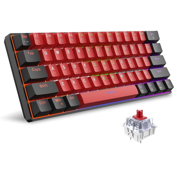 60% Wired Mechanical Keyboard, Mini Gaming Keyboard with 61 Keys for PC, Windows XP, Win 7, 10 (Black-Red, Red Switches)