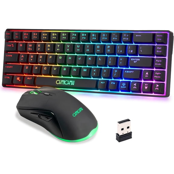 60% Wireless Gaming Keyboard and Mouse Combo,LED Backlit Rechargeable 2000mAh Battery, Portable 68 Keys Waterproof Small Compact Keyboard Mice for PC/Mac Gamer(Wireless)