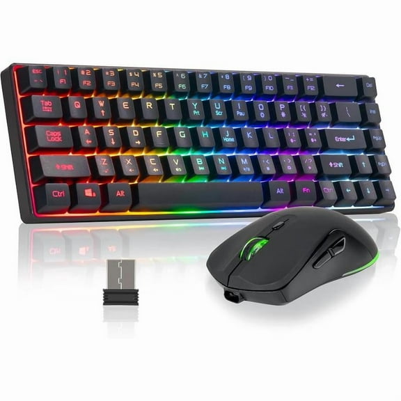 60% Wireless Gaming Keyboard and Mouse Combo, RGB Backlit Rechargeable LED Light Up Keyboards,Wireless Gaming Mouse and Keyboard for Xbox PS4 PS5 PC Laptop -Black