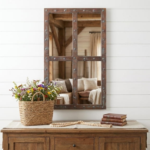 60" Wood Brown Rustic Solid Wood Window Pane Framed Accent Mirror