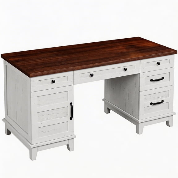 60" Wooden Home Office Desk with Built-in Power Outlet, Farmhouse Executive Desk with Storage Drawers and File Cabinet, Rectangular Study and Writing Table