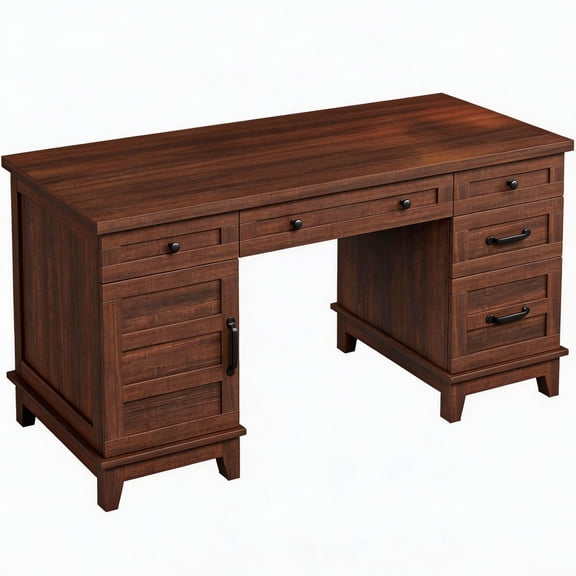 60" Wooden Home Office Desk with Built-in Power Outlet, Farmhouse Executive Desk with Storage Drawers and File Cabinet, Rectangular Study and Writing Table