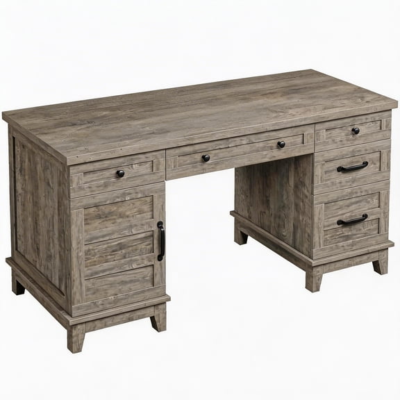 60" Wooden Home Office Desk with Built-in Power Outlet, Farmhouse Executive Desk with Storage Drawers and File Cabinet, Rectangular Study and Writing Table