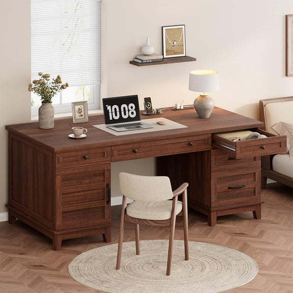 60" Wooden Home Office Desk with File Drawers, Executive Desk with Adjustable Cabinet, Farmhouse Wood Desk with Power Outlet, Distressed Study and Work Table, Walunt Brown