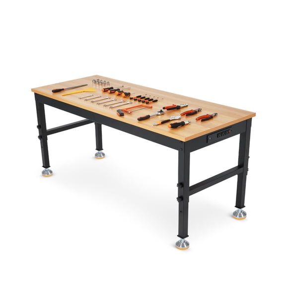 60 In Work Bench, Adjustable Height Workbench, Heavy Duty Rubberwood Tabletop with Built-in Power Outlets, 2500 LB Wood Top Work Table for Garage, Workshop, Repair Shop, Home, Office