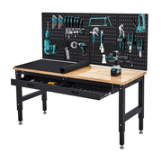 60 In Work Table for Garage, 3000 Lbs Heavy Duty Work Bench with Pegboard and Drawers, Non-Slip Table Mat, Rubber Wood 4 Level Adjustable Workbench with Power Outlets for Workshop, Home, Office