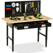 60 Workbench with Drawers, Adjustable Height Work Bench 2000 LBS Heavy-Duty Work Table Rubber Wood Work Station with Power Outlet & Pegboard for Garage, Office, Workshop, Home