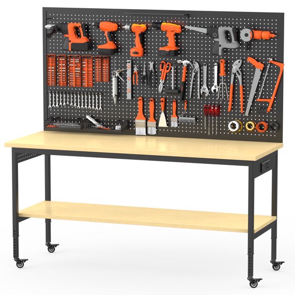 60" Workbench with Pegboard, Adjustable Height Work Bench with Storage Shelf, Rolling Workbench with LED Light, Power Strip & 8 Hooks, Mobile Work Table with Wheels for Workshop, Garage, Craft