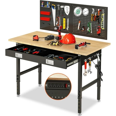 60" Workbench with Drawers, Adjustable Height Work Table, 2000 LBS Heavy-Duty, Rubber Wood, Black, Steel