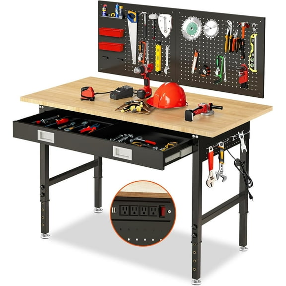60" Workbench with Drawers, Adjustable Height Work Table, 2000 LBS Heavy-Duty, Rubber Wood, Black, Steel