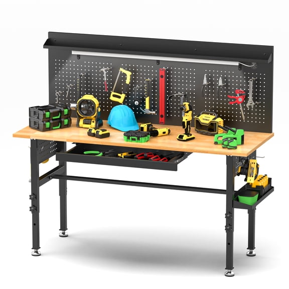 60" Workbench with Drawers & Solid Wood Top, Adjustable Height Garage Table with 2000lb Capacity, Power Outlet & LED Light for Tool Organization