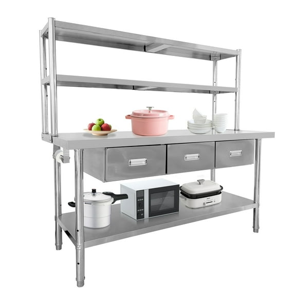60" X 24" Commercial Work Tables, Stainless Steel Table with Drawers and 2 Tier Overshelves, Stainless Steel Workbench, Heavy Duty Prep Table for Commercial Kitchen, Utility Work Tables for Home