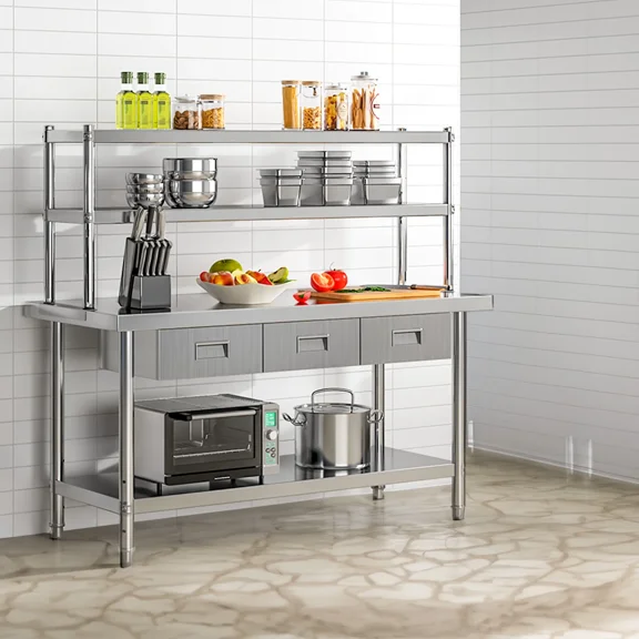 60" X 24" Stainless Steel Table with Overshelves and 3 Drawers, Work Table with 72" X 12" Shelf & 3 Drawers, Metal Table Prep Table