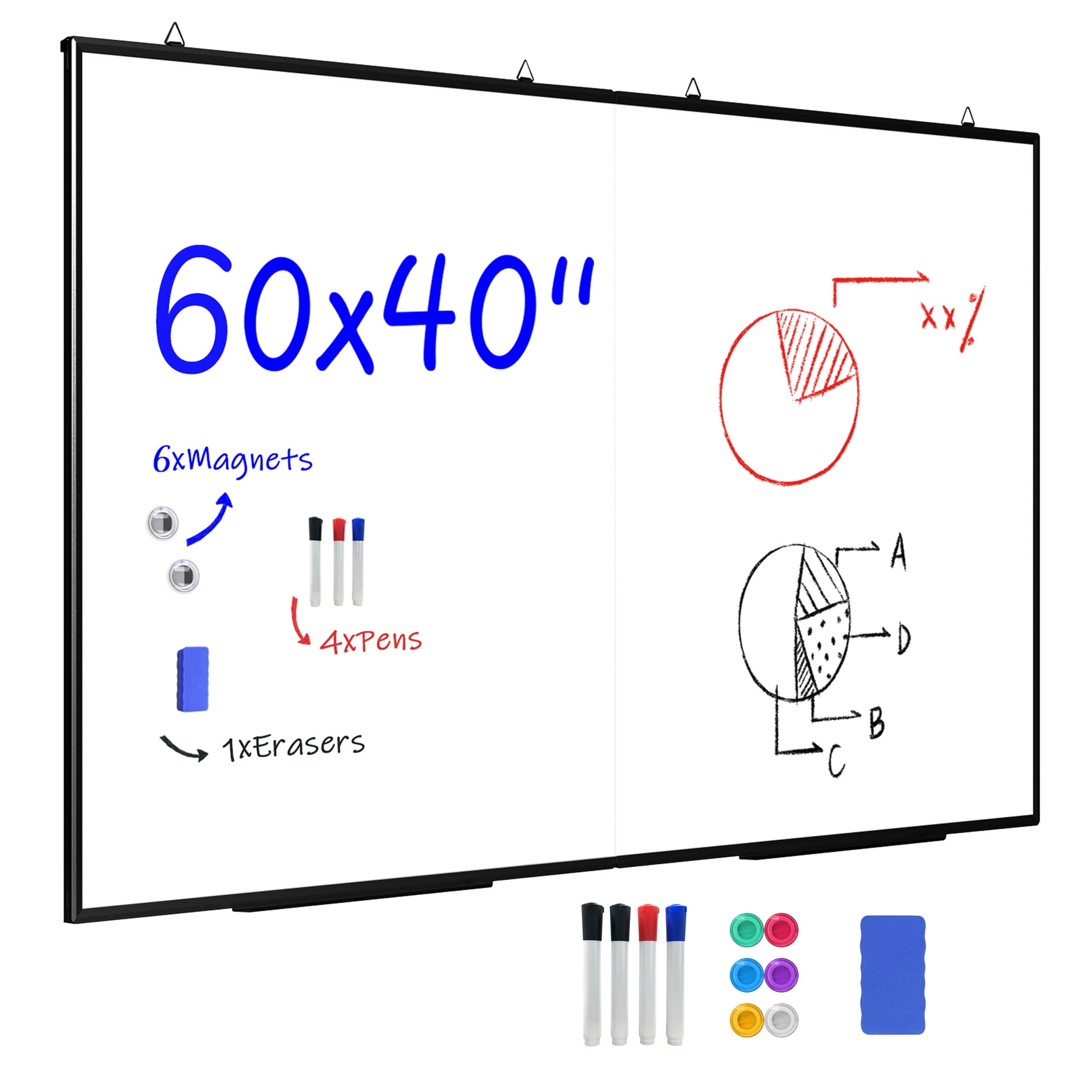 60"X 40" Large Magnetic Dry Erase White Board - Folding Black Aluminum Frame Wall Hanging Message Whiteboard with Markers, Erasers, Magnets