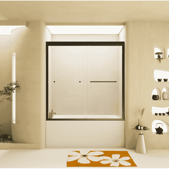 Dranite 60" X 58" Double Wheel Semi-Frameless 1/4 inch thick Glass Sliding Shower Door