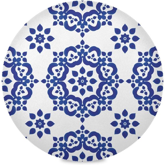 60"X 60" Blue Flower Circle Pattern Elastic Fitted Edged Round Tablecloth Fade Resistant Anti-Shrink Table Cloth Washable Table Cover for Banquet Home Indoor or Outdoor