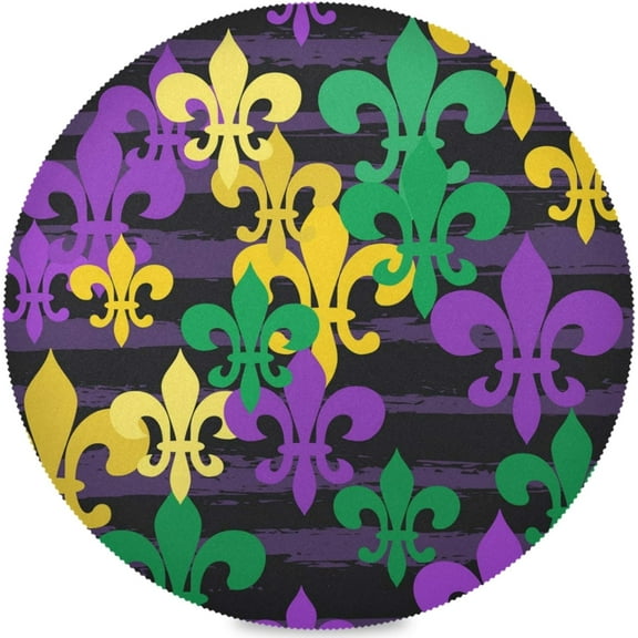 60"X 60" Mardi Gras Carnival Colorful Persian Fleur De LYS Elastic Fitted Edged Round Tablecloth Fade Resistant Anti-Shrink Soft Table Cloth Washable Table Cover for Banquet Home Indoor or Outdoor
