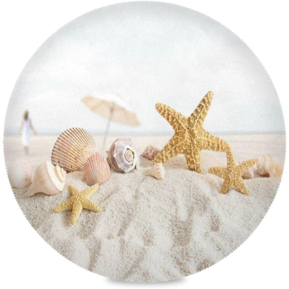 60"X 60" Ocean Sea Beach Seashell Starfish Elastic Fitted Edged Round Tablecloth Fade Resistant Anti-Shrink Table Cloth Washable Table Cover for Banquet Home Indoor or Outdoor