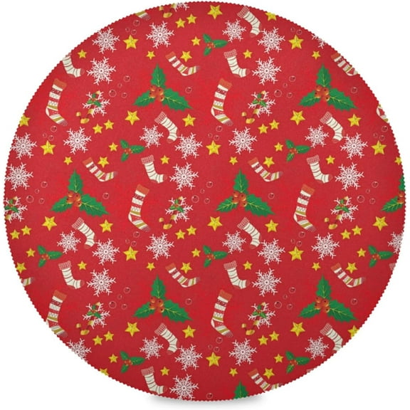 60"X 60" Red Green Xmas Stocking Elastic Fitted Edged Round Tablecloth Fade Resistant Anti-Shrink Table Cloth Washable Table Cover for Banquet Home Indoor or Outdoor