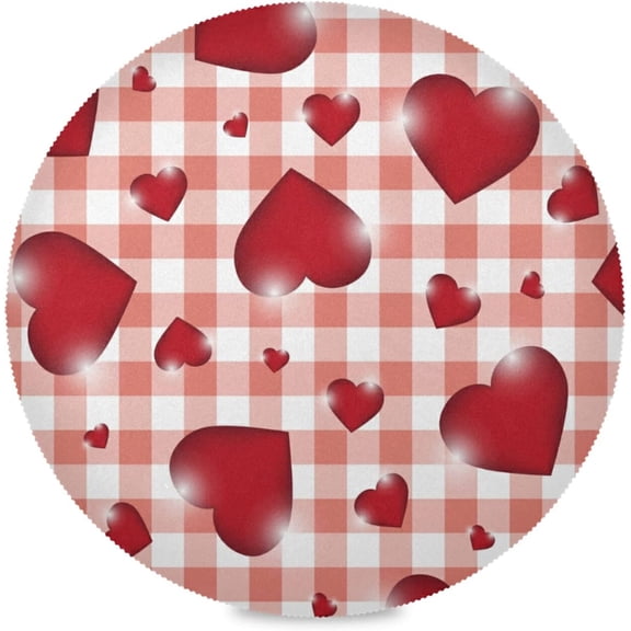 60"X 60" Red Hearts On Pink Buffalo Plaid Check Elastic Fitted Edged Round Tablecloth Fade Resistant Anti-Shrink Table Cloth Washable Table Cover for Banquet Home Indoor or Outdoor
