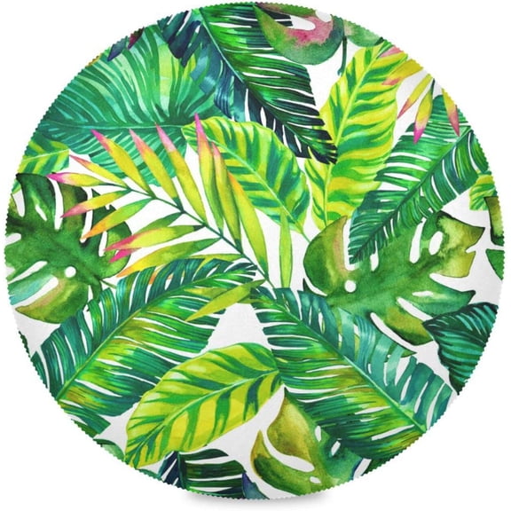 60"X 60" Tropical Beach Palm Leaves Elastic Fitted Edged Round Tablecloth Fade Resistant Anti-Shrink Table Cloth Washable Table Cover for Banquet Home Indoor or Outdoor