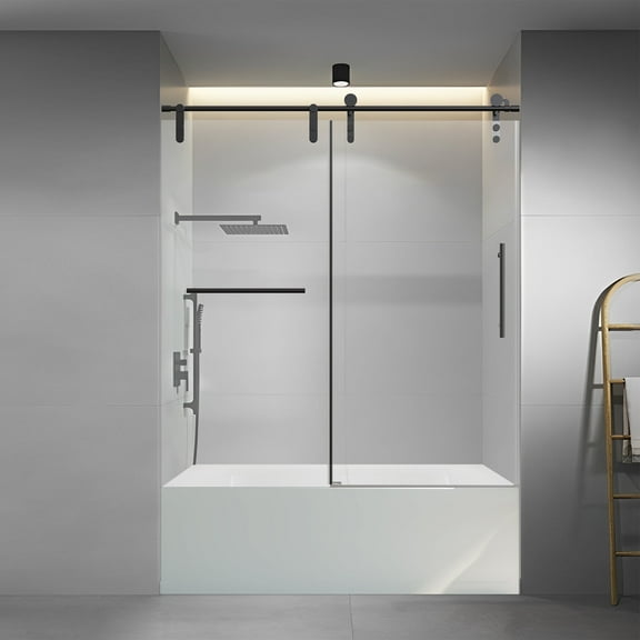 Dranite 60" X 66" Frameless Sliding Shower Door, 5/16 inch thick Water Repellent Glass Shower Door