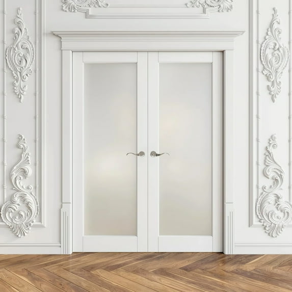 60" X 80" 1-Lite Interior Glass French Door Frosted Double Doors With Installation Hardware Kit /Handles