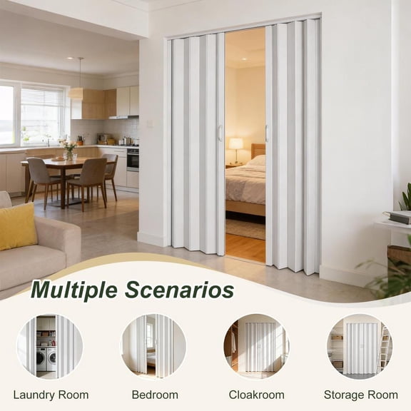 60 X 80 White PVC Accordion Door, Folding Accordion Doors, Bifold Portable Interior Folding Door with Mounting Hardware, Handle, for Closet Bathroom Doorways.