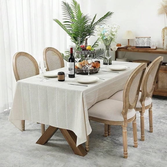 60 X 84 Inches Farmhouse Linen Tablecloth - Beige Hemstitch Design, Wrinkle Resistant & Washable Rectangle Table Cover