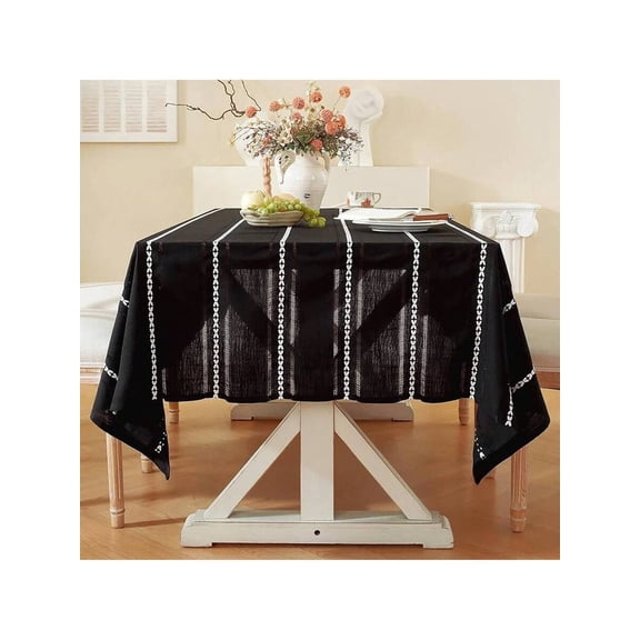 60 X 84 Inches Farmhouse Linen Tablecloth - Black Hemstitch Stripe, Wrinkle Resistant & Washable Rectangle Table Cover