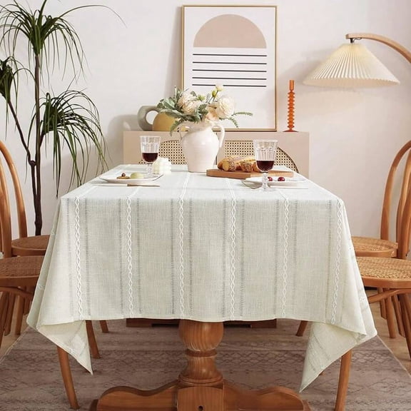 60 X 84 Inches Farmhouse Linen Tablecloth - Hemstitch Beige Stripe, Wrinkle Resistant & Washable Rectangle Table Cover