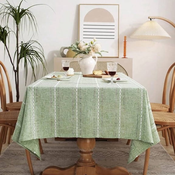 60 X 84 Inches Farmhouse Linen Tablecloth - Hemstitch Sage Green, Wrinkle Resistant & Washable Rectangle Table Cover