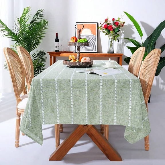 60 X 84 Inches Farmhouse Linen Tablecloth - Sage Green Hemstitch Stripe, Wrinkle Resistant & Washable Rectangle Table Cover