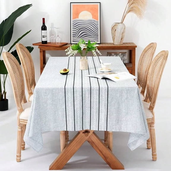 60 X 84 Inches Farmhouse Linen Tablecloth - Striped Grey Hemstitch Design, Wrinkle Resistant & Washable Rectangle Table Cover