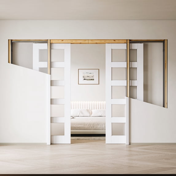 60" X 96" Frosted Glass 5-Lite Sliding Pocket Door White Standard Door with Hardware Kit Set