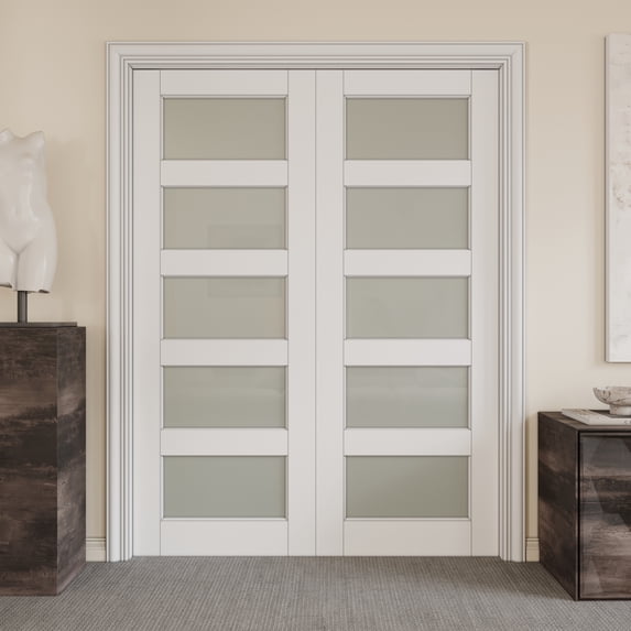 60" X 96" Interior Sliding Pocket Doors 5 Lite Tempered Frosted Glass Sliding Door With Hardware & Soft Close