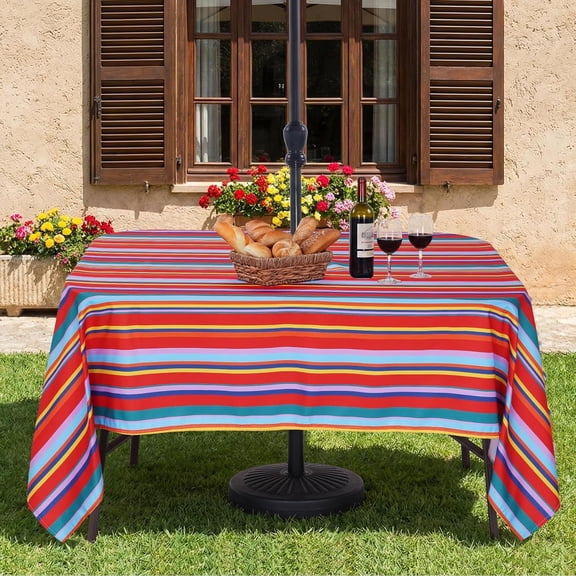 60'X84” Rectangle Tablecloth Waterproof Outdoor Tablecloth with Umbrella Hole Zipper for Patio Spring Summer Picnic Tables, Red Stripe