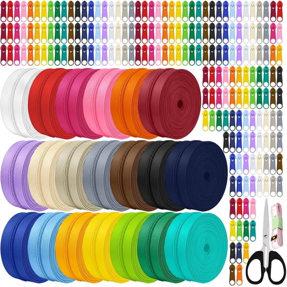 Piokio 60 Yards 20 Pcs Colors Sewing Zippers Bulk #5 Nylon Coil Zippered, with 200 Assorted Colorful Pcs Pull Heads for Sewing Crafts