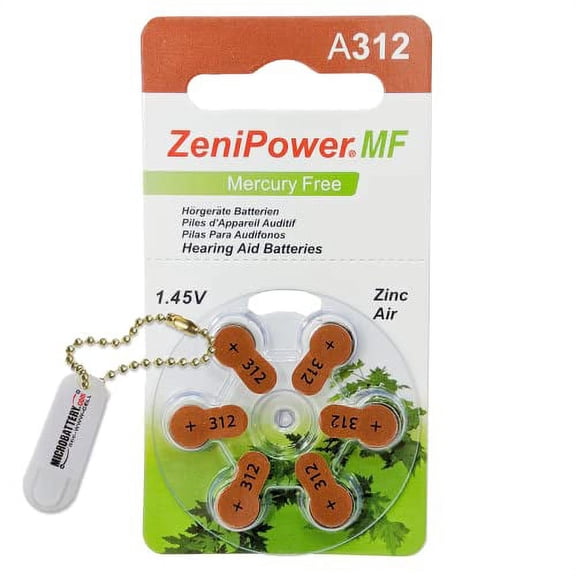 60 ZeniPower Hearing Aid Batteries Size: 312 + Battery Holder Keychain Kit