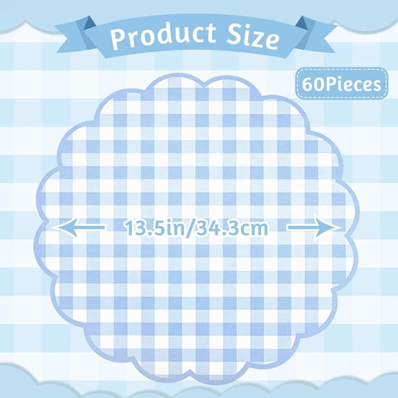 60 blue and white checkered paper table mats, 13.5-inch wavy edge blue checkered table mats, disposable table mat decoration paper, suitable for table setting, baby baptism, wedding, bridal banquet,