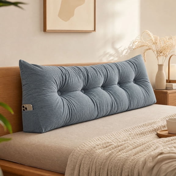 60 cm (23.6 in) Blue Tufted Bed Wedge Headboard Pillow, Upholstered Backrest Cushion with Button Detail and Supportive Triangular Shape, For Bed, Sofa, Daybed, Reading, Sitting and Bedroom Decor