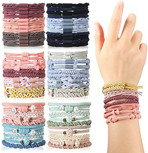 60 count Boho Hair Ties Bracelets 10 Styles Cute Bands & Bracelets for Girls with Thick and Thin Hair, No  Elastic Accessories for Girls and Women(Lovely Colors)