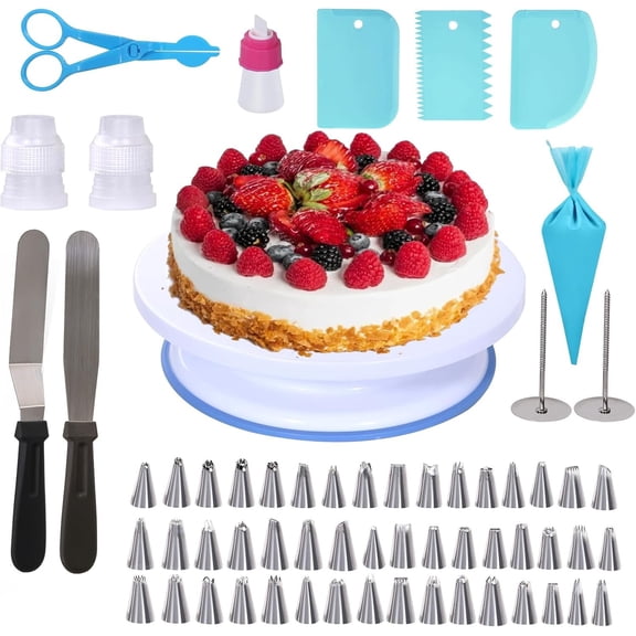 60 count Cake Decorating Supplies Kit, Cake Decorating Stand Set with 11'' Cake Turntable, 48 Numbered Icing Piping Tips, 2 Spatulas, 3 Icing Comb Scraper, 1 Scissor, 1 Piping Bags, Baking Tools