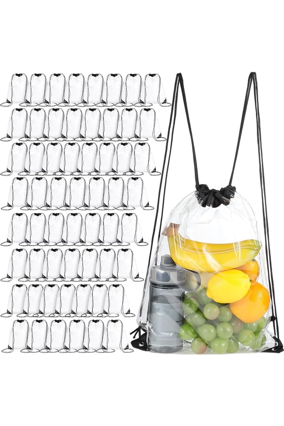 60 count Clear Drawstring Bag Plastic Drawstring Backpack Clear  PVC Backpack for Stadiums Sporting Events (Black)
