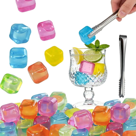 60 count  Ice Cubes,Multicolor Square Plastic Ice Cubes | Without Diluting ,Refreezable Washable Non-Melting for Drinks,Coffee,,,,Contains Purified Water