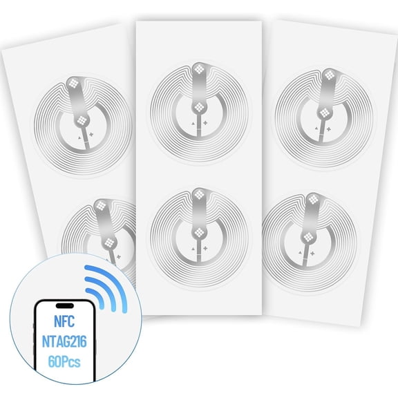 60 count NFC Tags NTAG216 Chip, Programmable NFC Stickers with Adhesive Labels - 888 Bytes Memory, Rewritable RFID Tags, Works with NFC-Enabled Smartphones & Devices(25mm Moist)