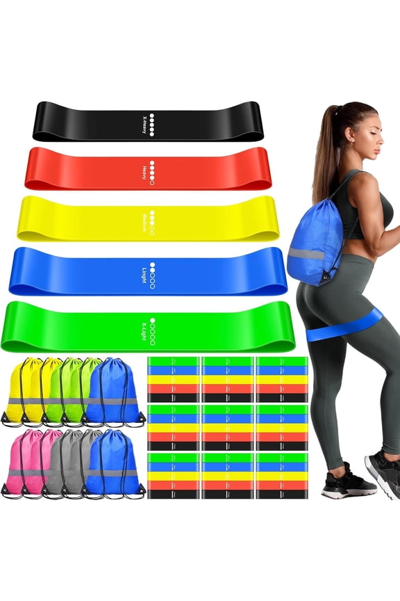 60 count Workout Loop Resistance Bands Bulk, Gym Elastic Bands Set for Fitness Class Students Members Physical, 5 count Each Set, with Large Drawstring Backpack Bags