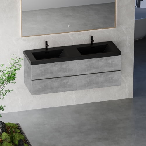 60" floating vanity with sink, wall-mounted cabinet with double black quartz sand basins and four soft-close drawers, EDI-Series Cement Grey